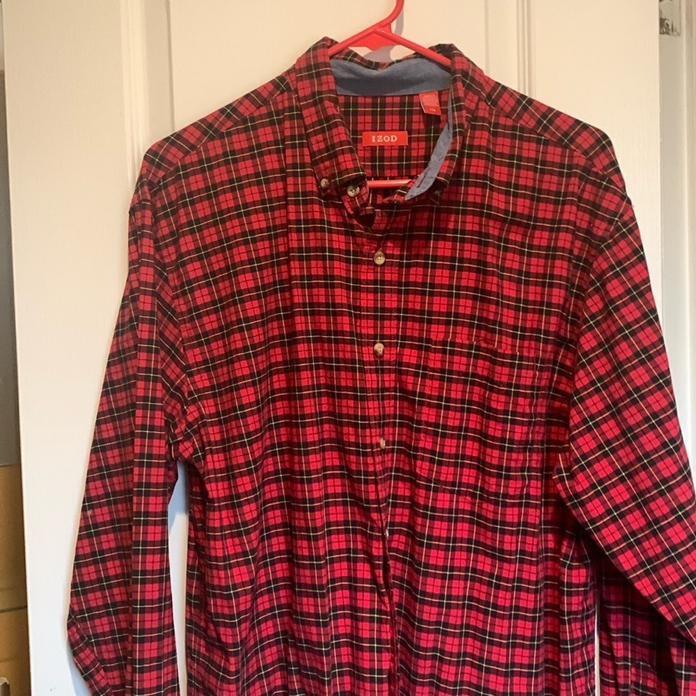 IZOD Mens Red&Blue Check Long Sleeve Button Down Shirt